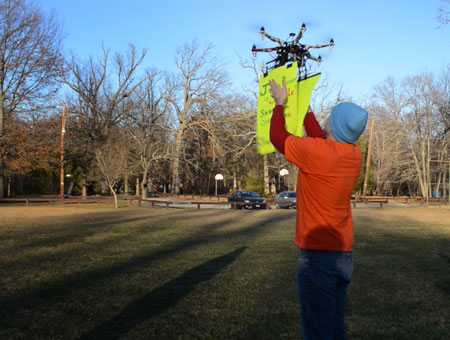 Kevin launches Sherlock the helicopter